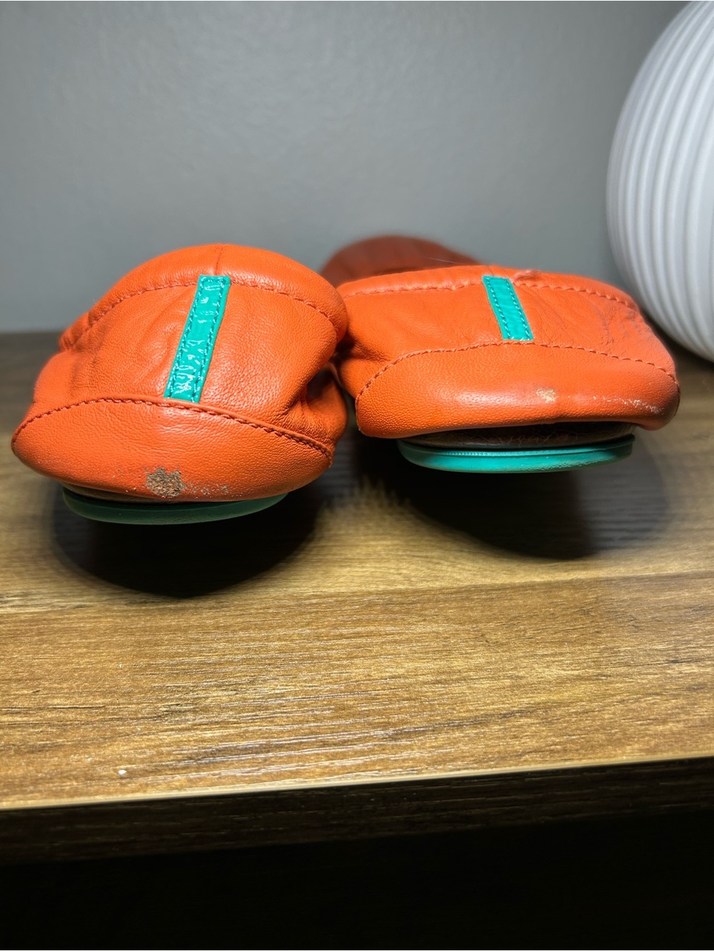 Tieks Orange Leather Ballet Flats with Teal Accent - Picture 3 of 7